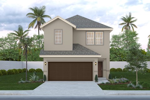 A modern house with a brown garage door is surrounded by a well-manicured lawn and palm trees.